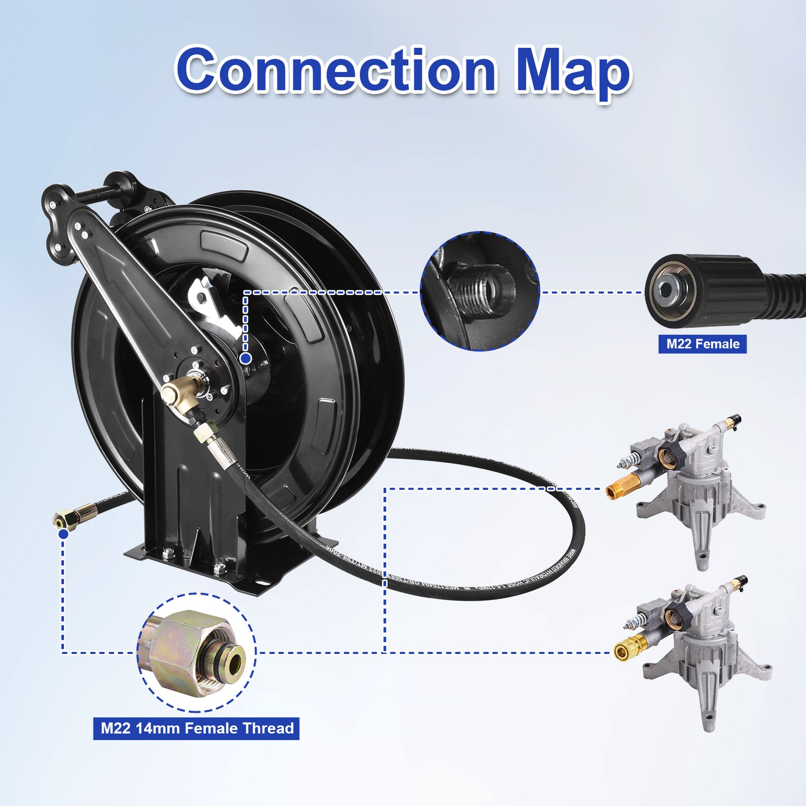 50FT x 3/8″ Auto-Retractable Pressure Washer Hose Reel, Heavy Duty Double Arm–