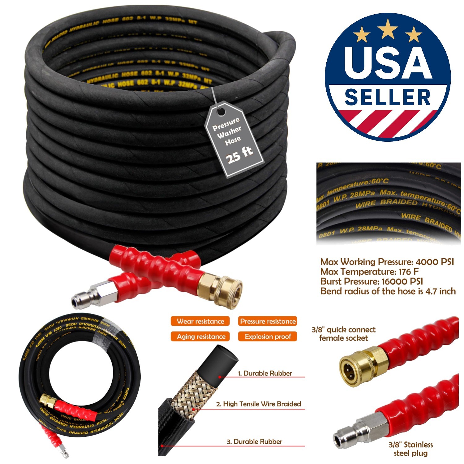 Versatile 25FT Pressure Washer Hose, 4000 PSI | Ideal for Home & Business Use