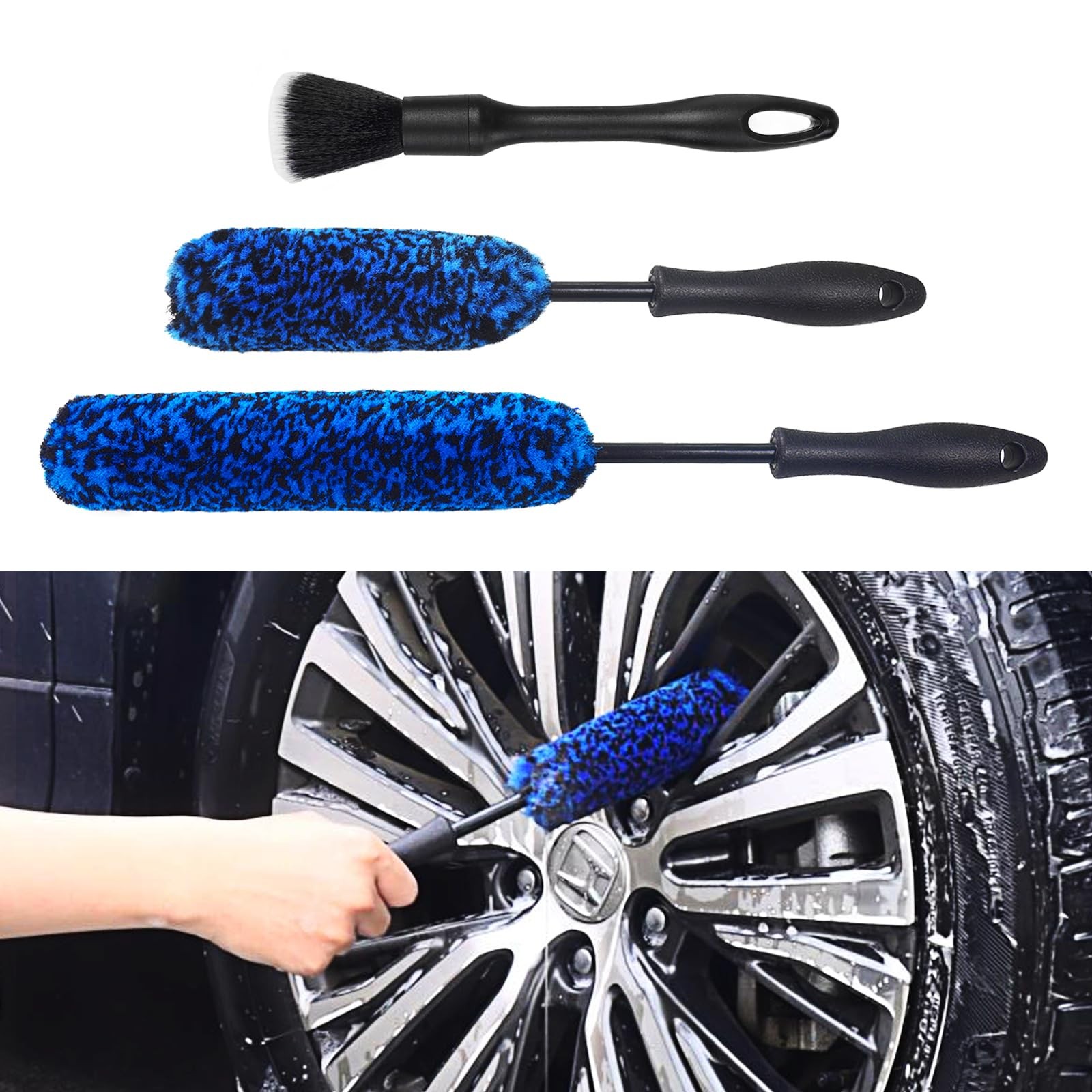NIKCOSMK 3PCS Wheel Brush Kit for Cleaning and Tire, 3P-BLUE, Blue