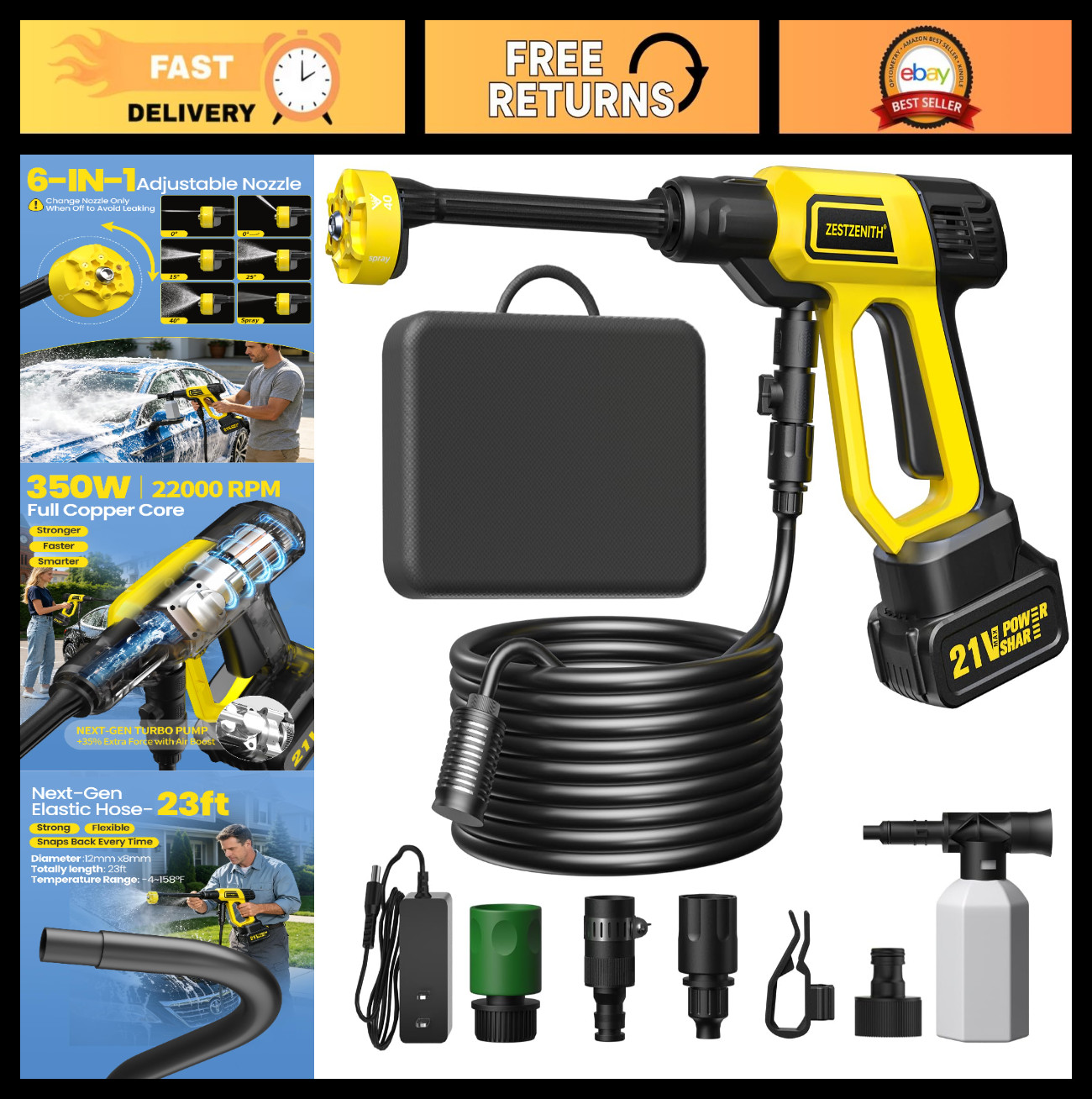Portable Cordless Pressure Washer, 1100 PSI Handheld, 21V Battery, 6 Nozzles, Fo