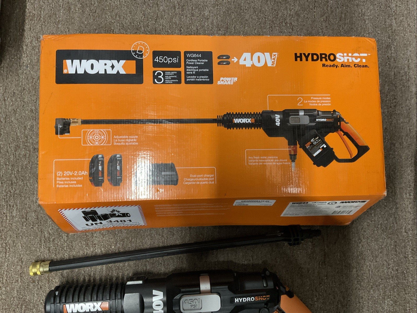 WORX HydroShot WG644 40V Cordless Power Cleaner, Adjustable Nozzle, 450 PSI