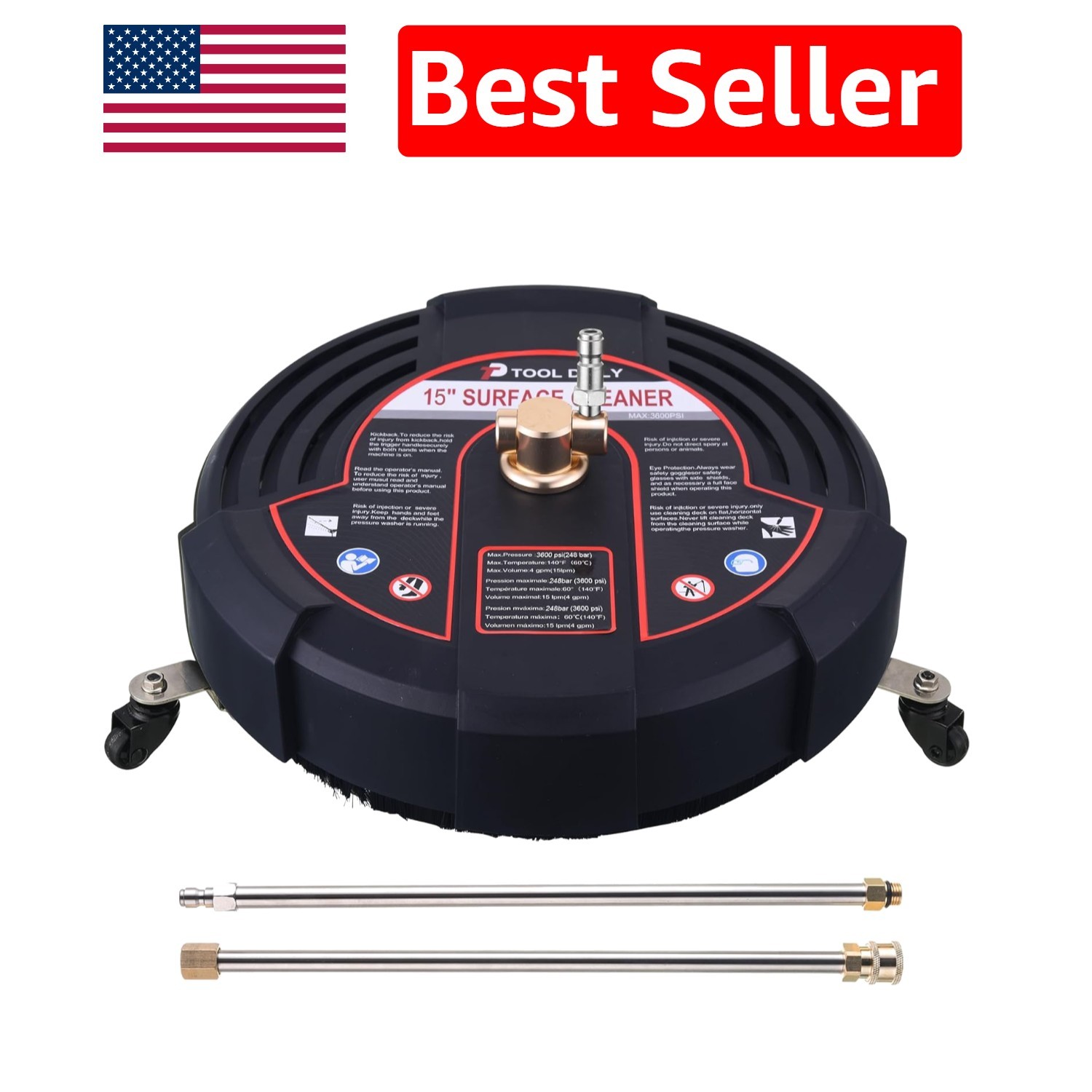 15-Inch Pressure Washer Surface Cleaner with 3 Wheels & 2 Extension Wands