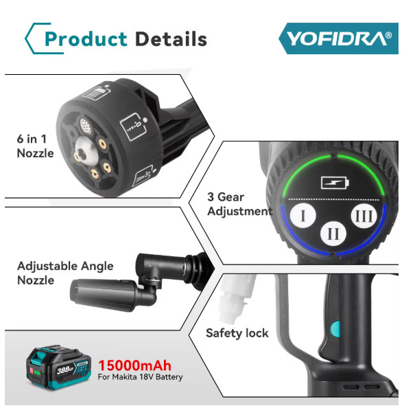 Yofidra 200Bar Brushless High Pressure Car Washer Water Gun 6 IN 1