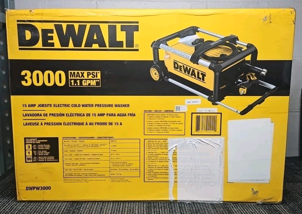 DeWalt Tools DWPW3000 15Amp Jobsite Electric Cold Water Pressure Washer