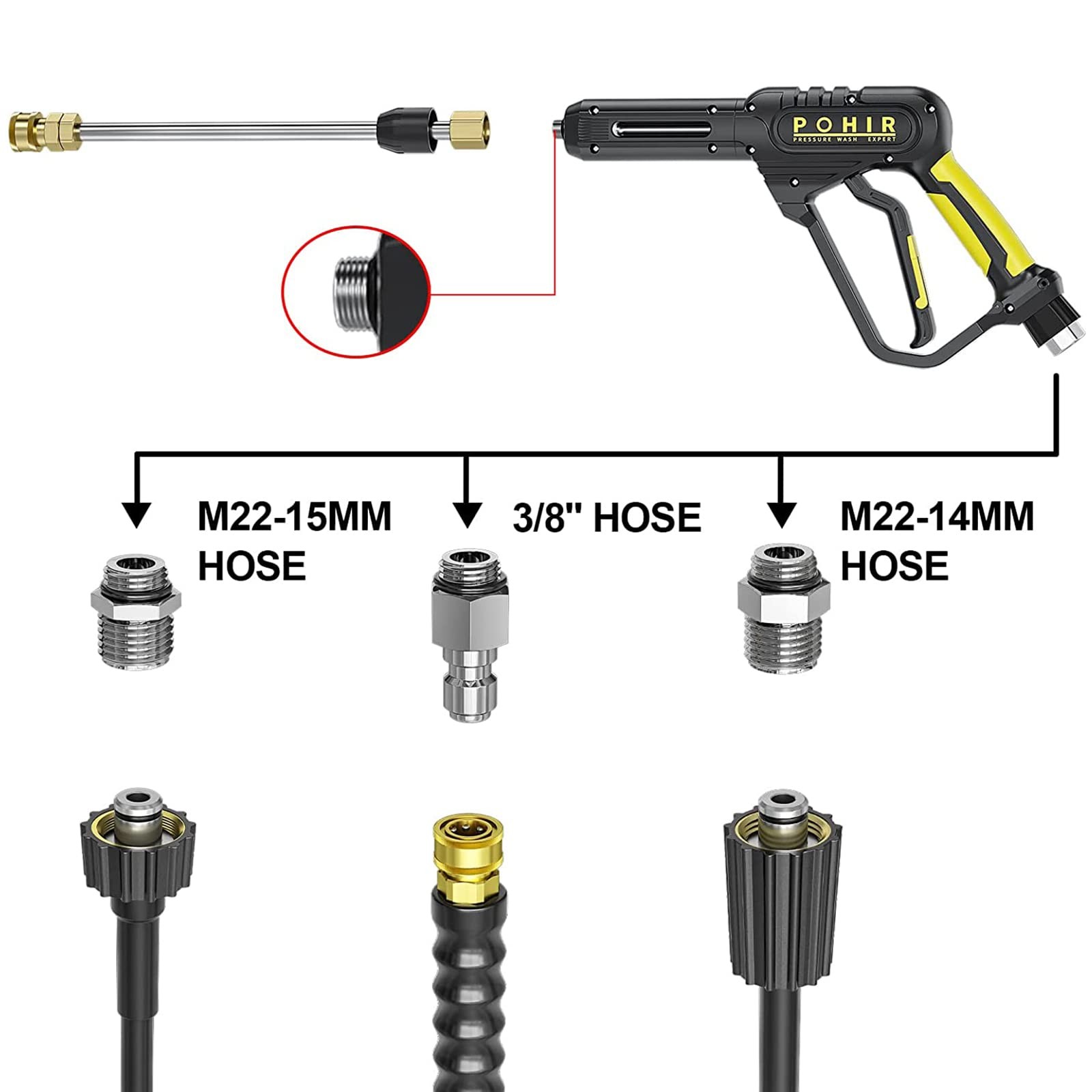 Pressure Washer Gun and Hose 3600 PSI, Pressure Washer Hose 50ft and Gun, 3/8 Qu