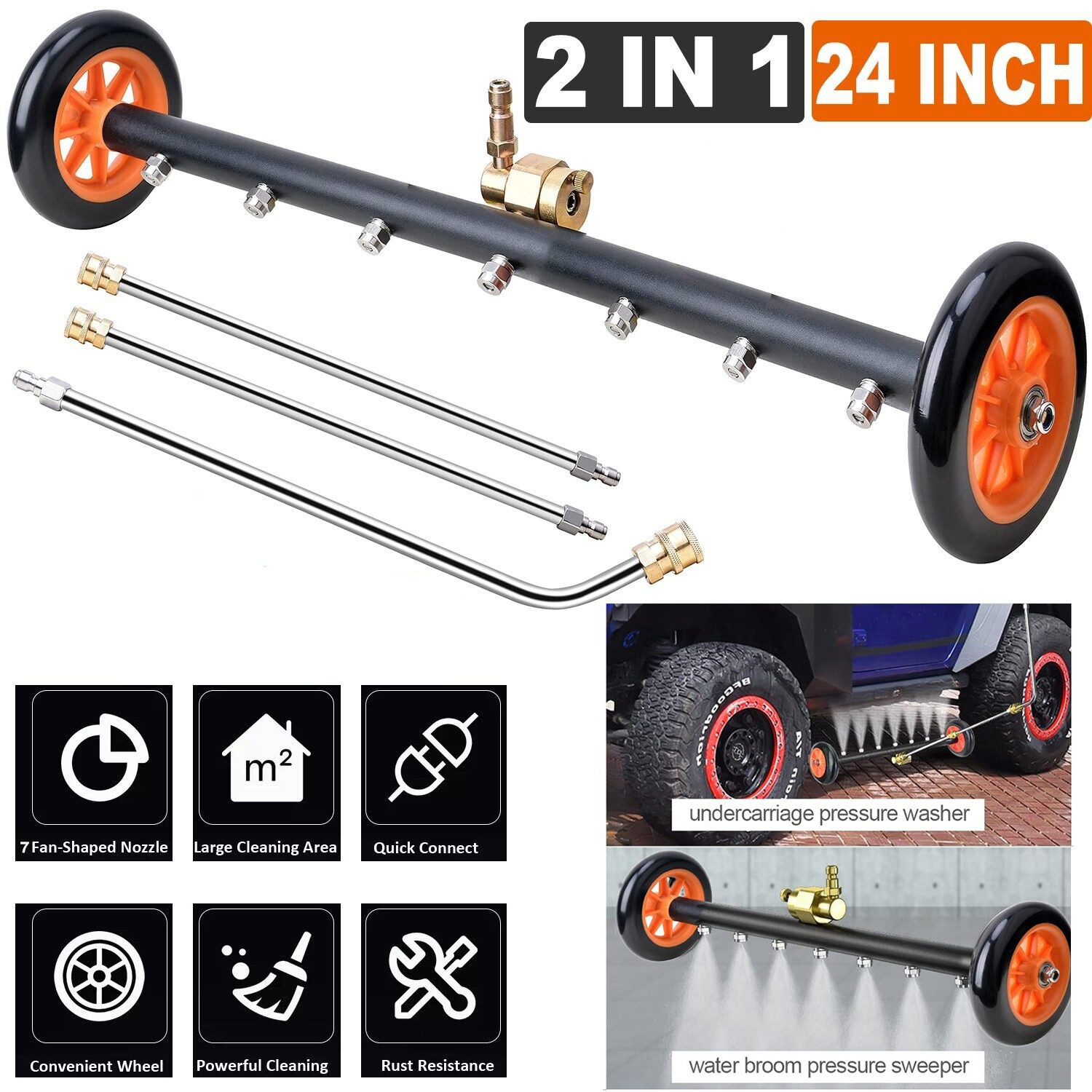 24″ 4000PSI Under Car Pressure Washer Undercarriage Cleaner Underbody Wash Broom