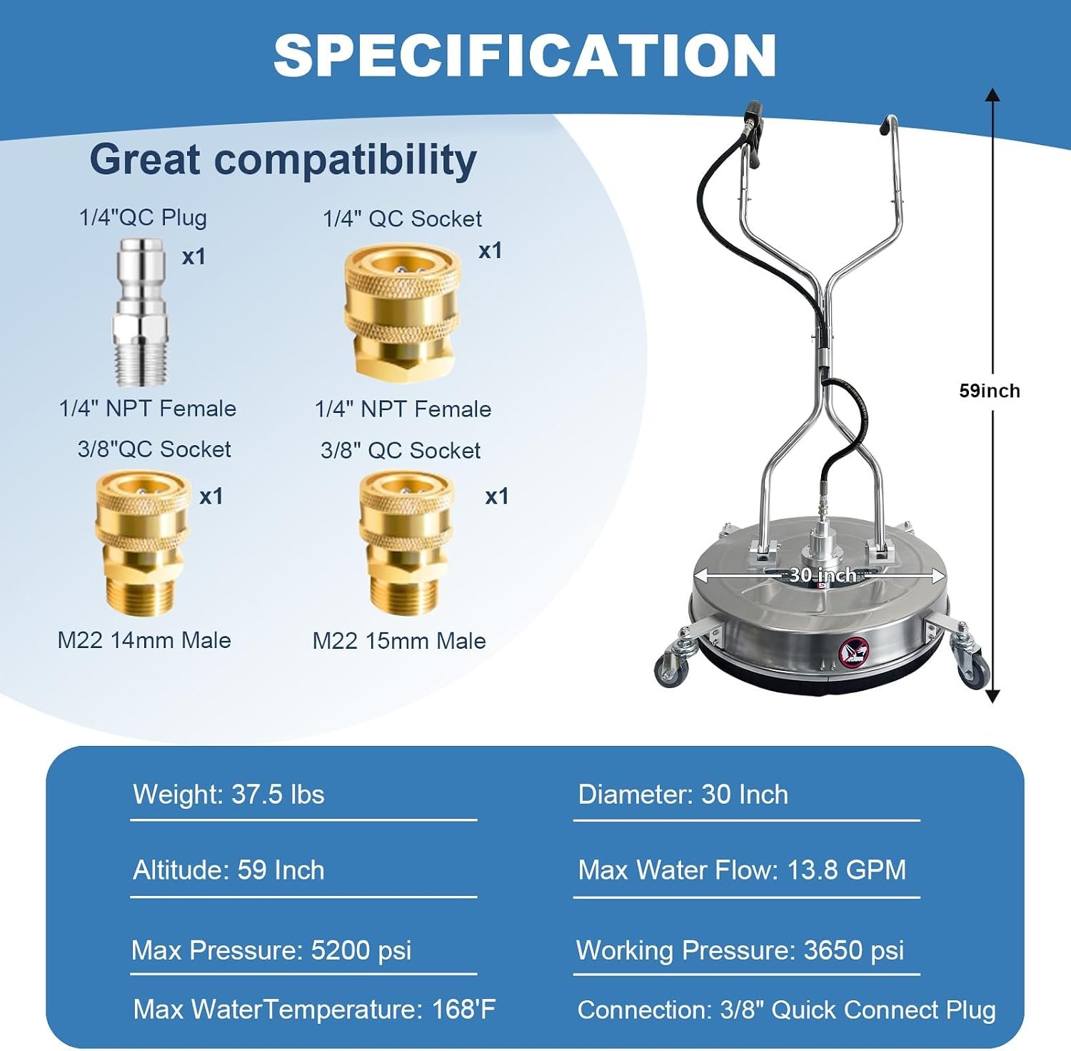30 in Pressure Washer Surface Cleaner with 4 Wheels, 5200PSI Surface Cleaner