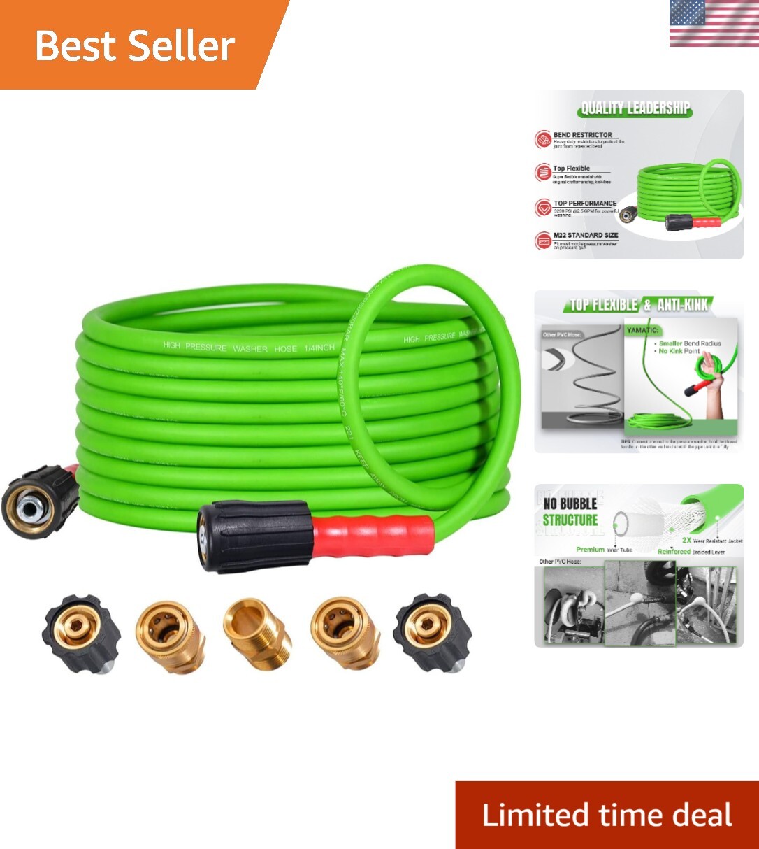 25FT Heavy-Duty Kink Resistant Pressure Washer Hose with Quick Connect Adapters