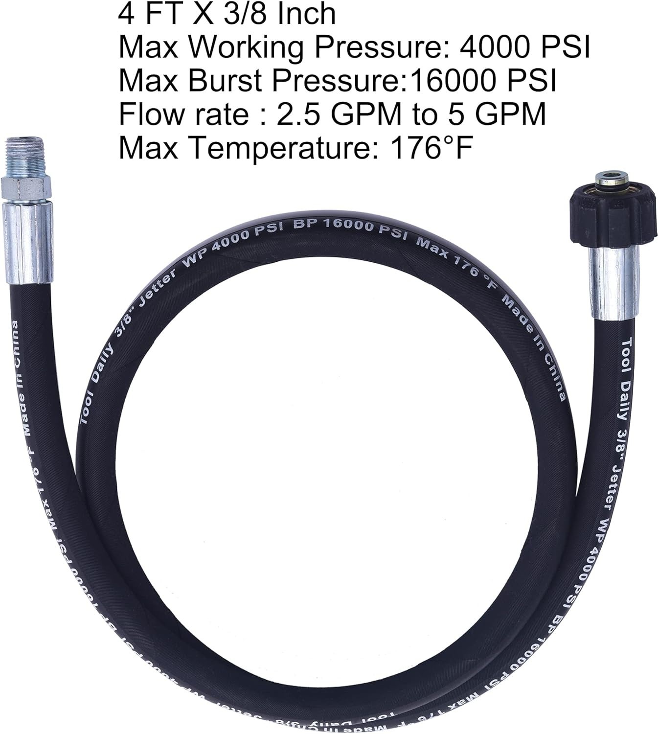 Flexible 4 FT Pressure Washer Whip Hose with Steel-Wire Braid for Heavy Use