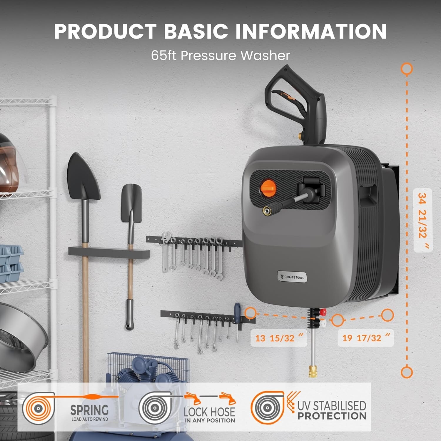 Giraffe Tools Electric Pressure Washer 2200 PSI Power Washer Hose Reel 65 Feet