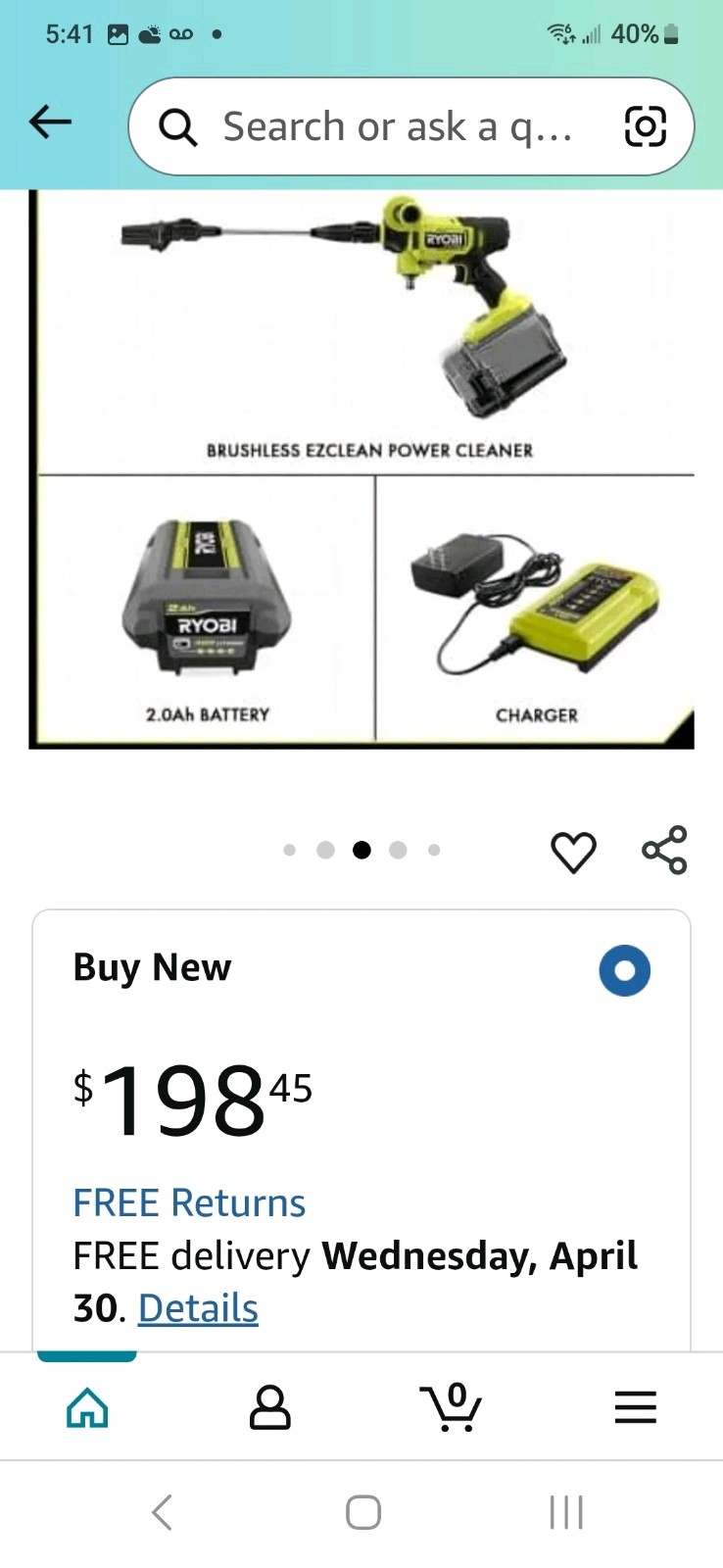 RYOBI 40V HP 600PSI EZClean Power Washer 2.0 Battery And Charger