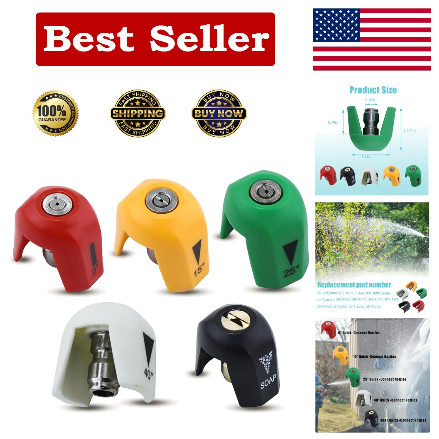 Quick Connect Spray Tips for Sun Joe SPX 3000 Series Pressure Washer Nozzle Set