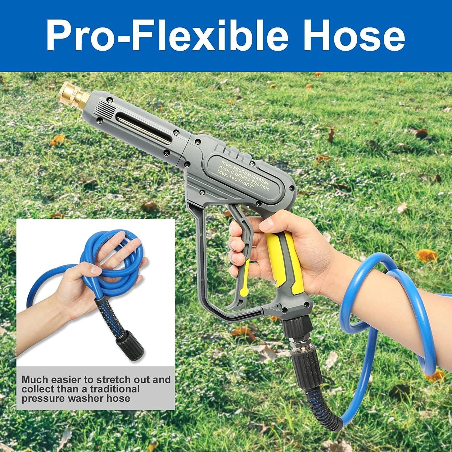 25FT x 1/4″ Flexible Pressure Washer Hose 4000 PSI M22 Fittings Gas & Electric