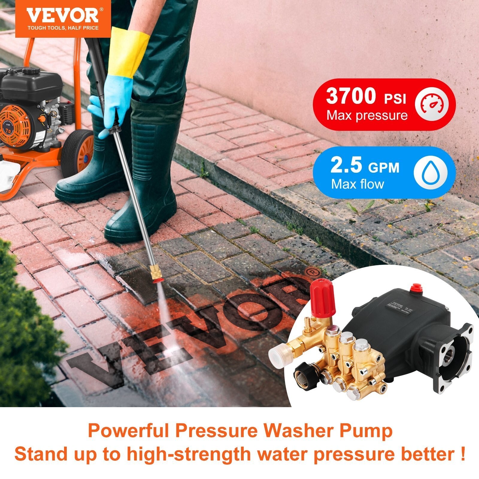 Pressure Washer Pump, 3/4″ Shaft Horizontal Triplex Plunger, 3700 PSI, 2.5 GPM