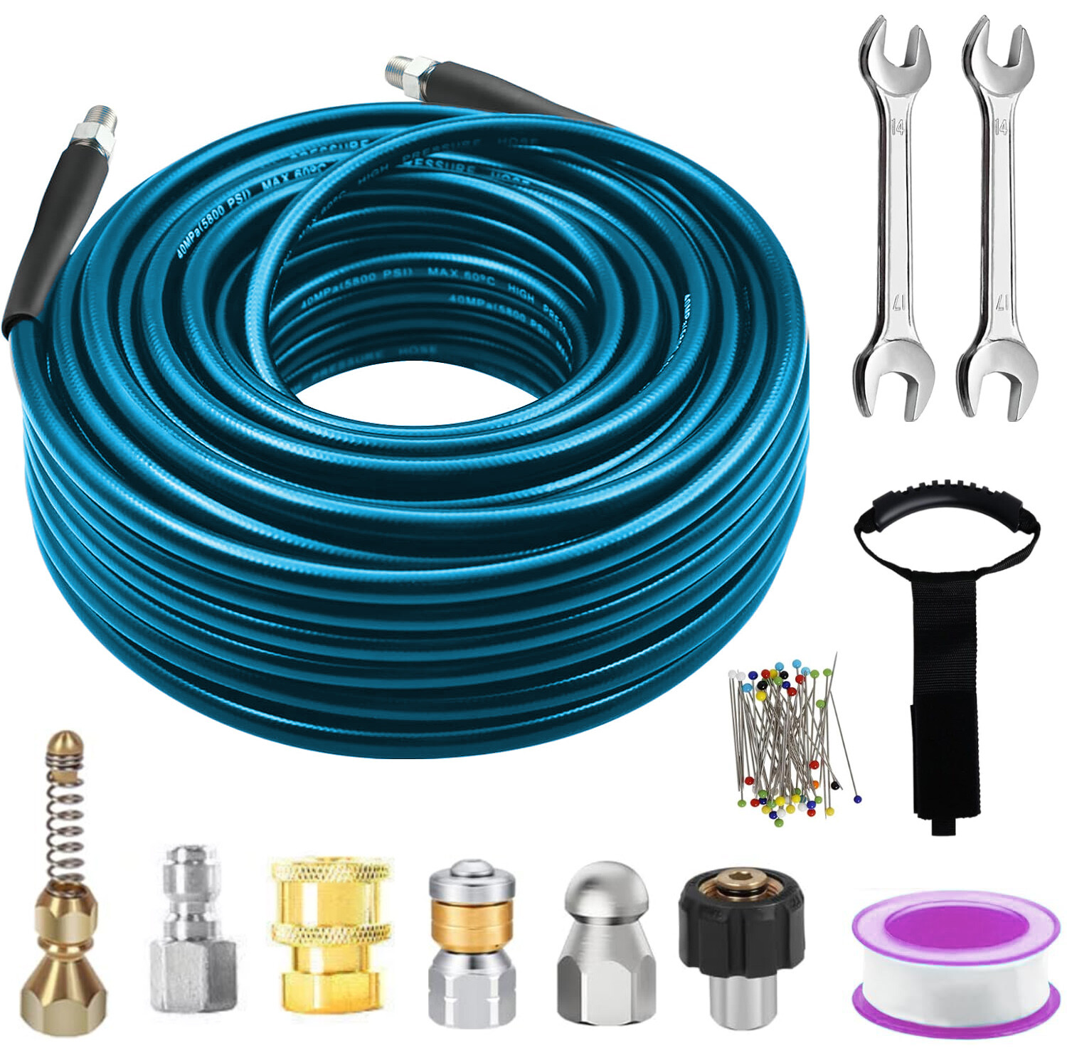 Sewer Jetter Kit for Pressure Washer Drain Cleaner Hose 50FT 1/4″ M-NPT 5800PSI