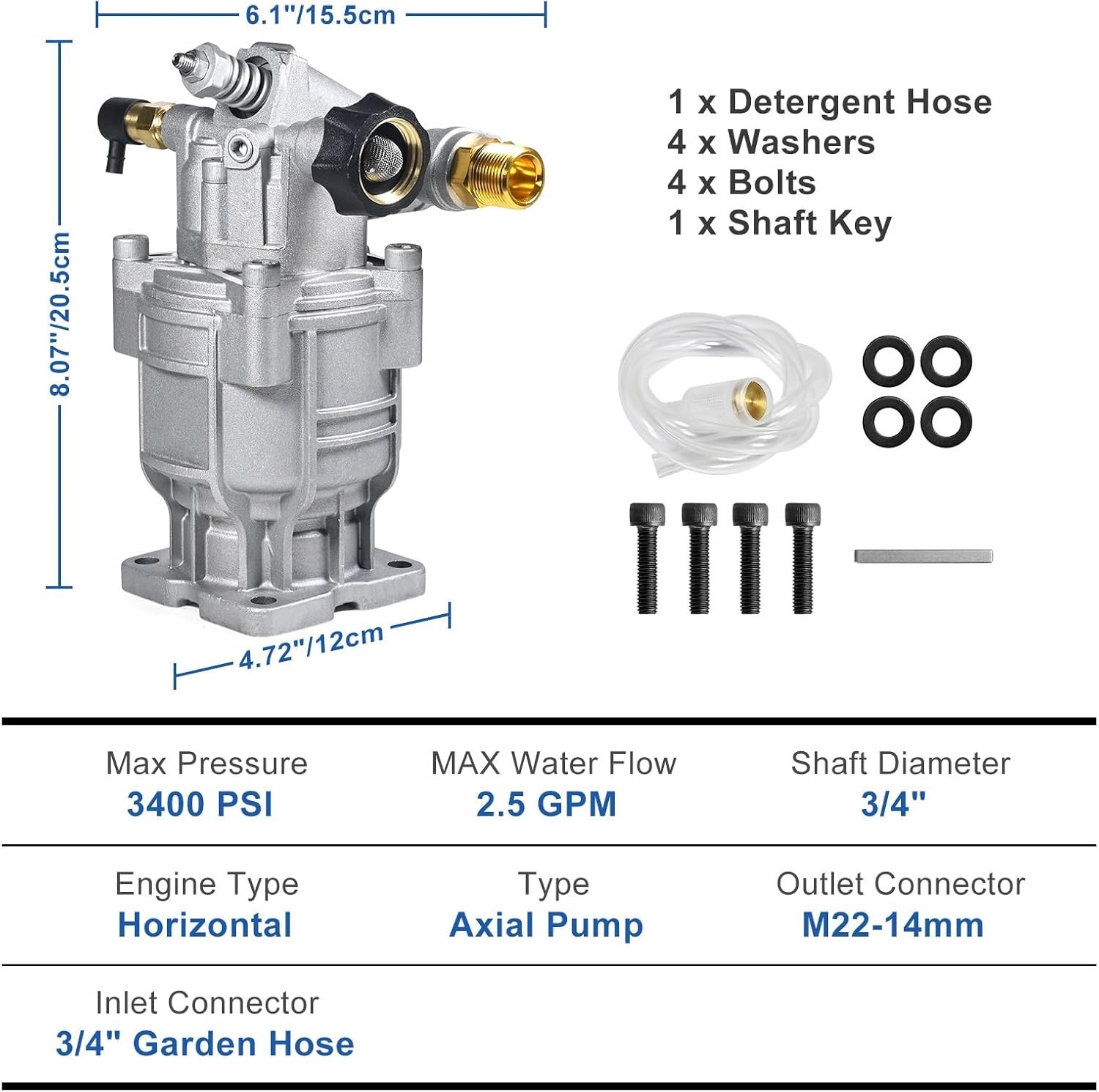 Pressure Washer Pump 3400 PSI 2.5 GPM 3/4 Inch Shaft Replacement Aluminum for…