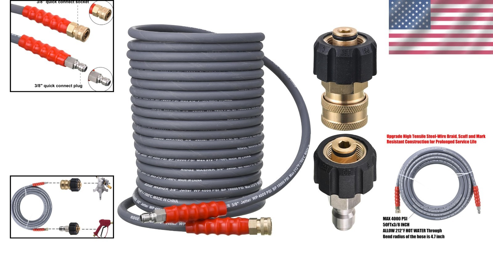 Heavy-Duty 50ft Pressure Washer Hose 3/8″ 4000 PSI Hot/Cold Water Rubber