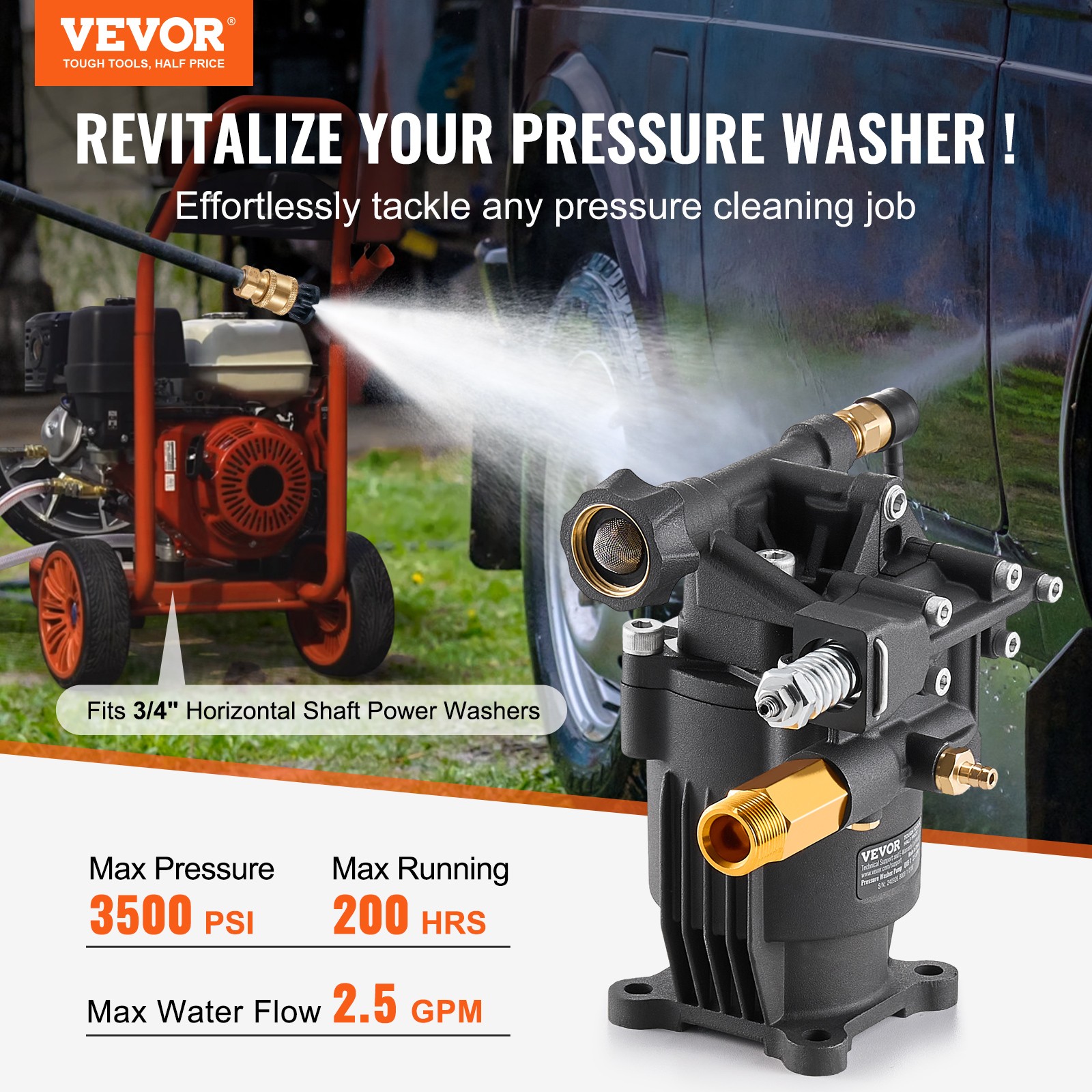 VEVOR Pressure Washer Pump 3/4″ Shaft Horizontal 3500 PSI 2.5GPM with 5 Nozzles