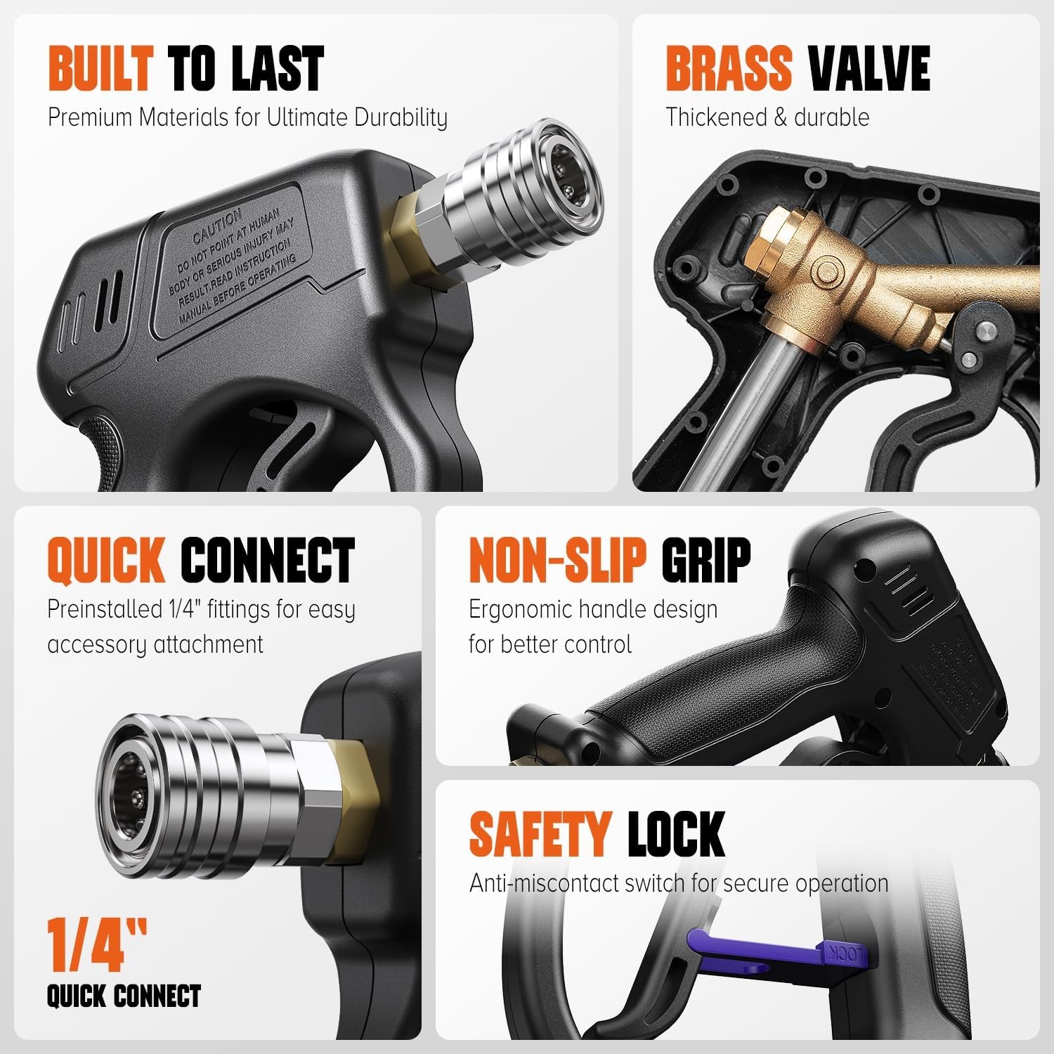 4500 PSI Short Pressure Washer Gun with 3/8″ & M22-14mm Connect, 5 Nozzles