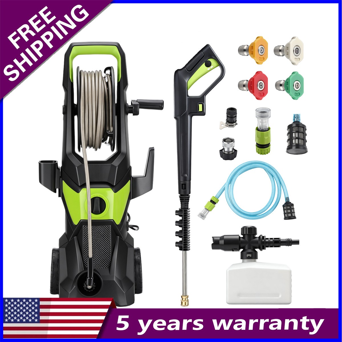 Electric Pressure Washer, 52.5 FT 5000PSI 3.2GPM Pressure Cleaner with 4 Nozzles