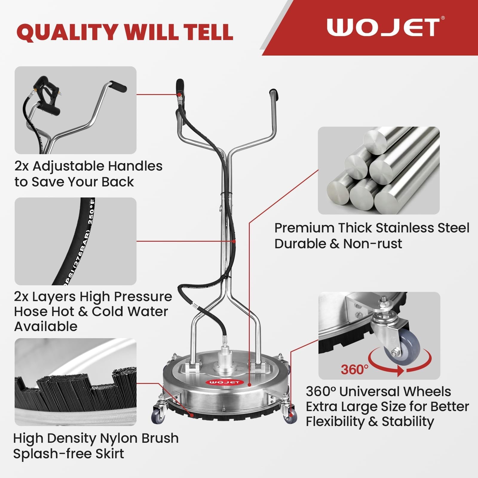 WOJET 22″ Pressure Washer Surface Cleaner with 4 Wheels & Dual Handles & 3 No…