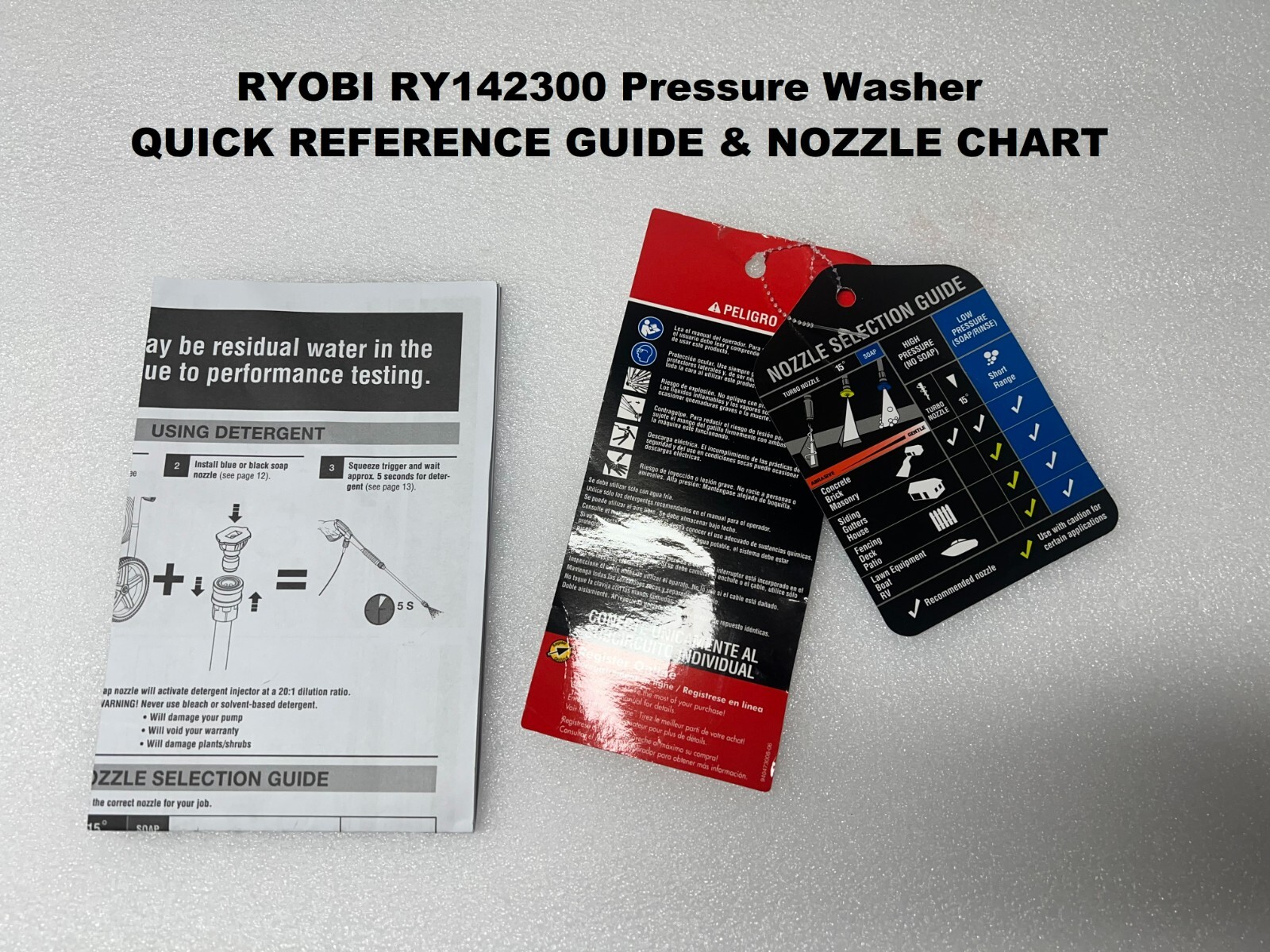 RYOBI Quick Reference Guide Manual & Chart RY142300 PSI Electric Pressure Washer
