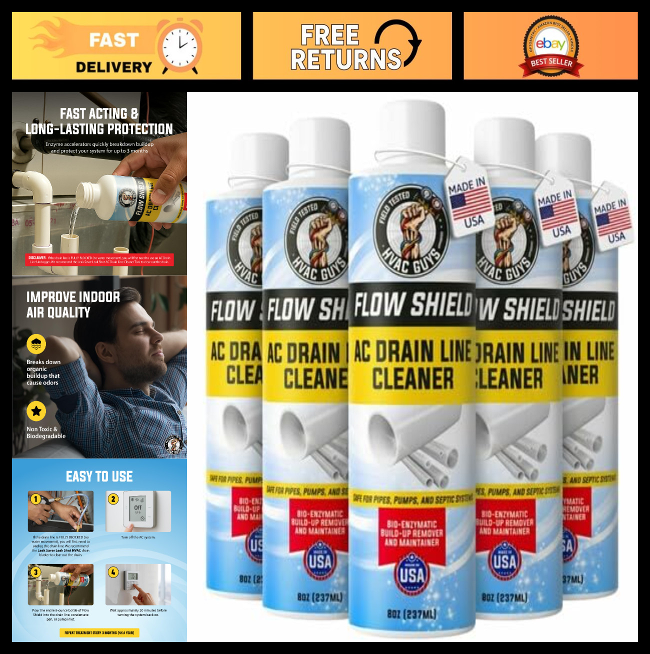 6 Pack AC Drain Line Cleaner | Prevent Clogs & Overflow | 8oz Bio-Enzymatic Form