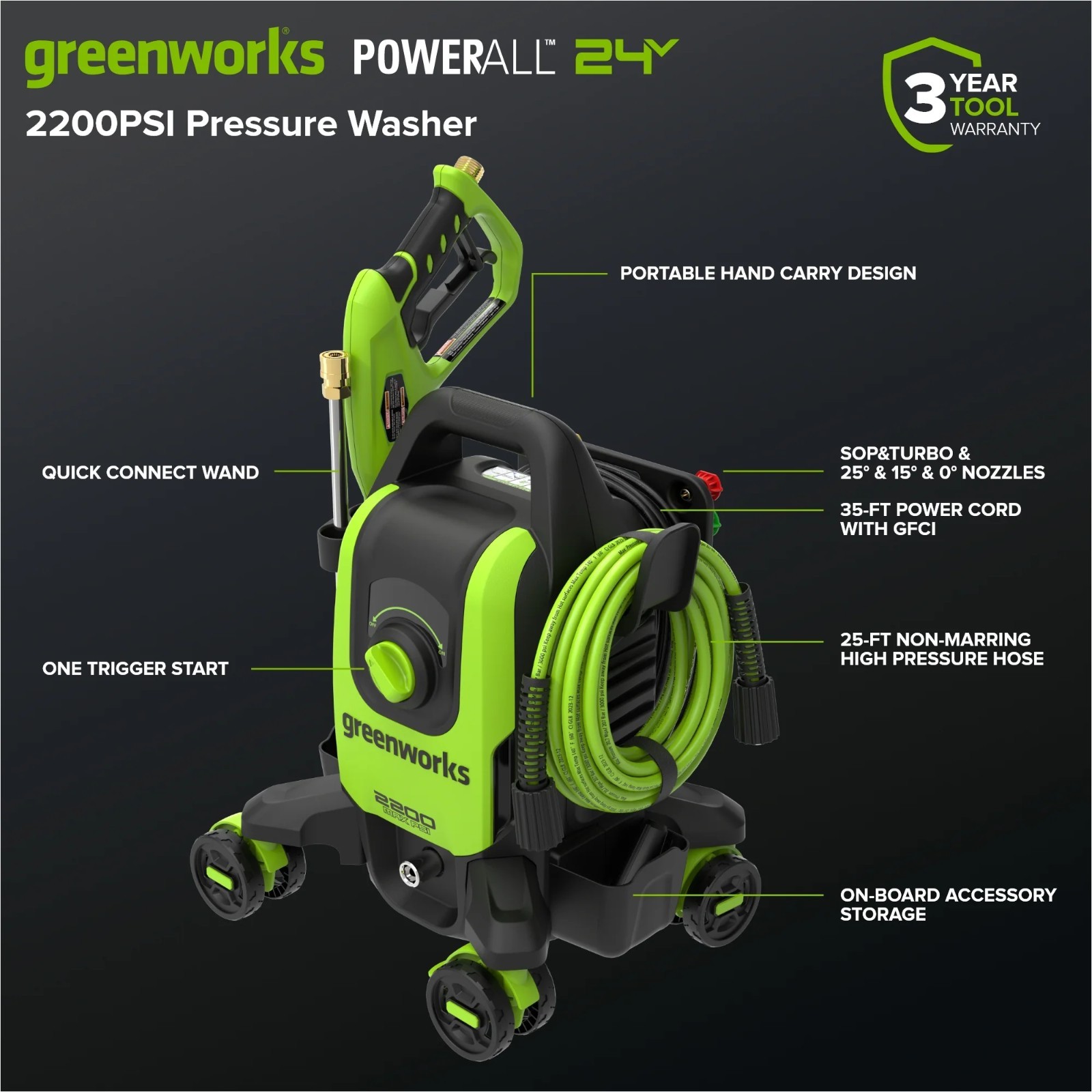 Greenworks 2200PSI 1.2GPM Four-Wheel Pressure Washer w/5 Nozzles& Detergent Tank
