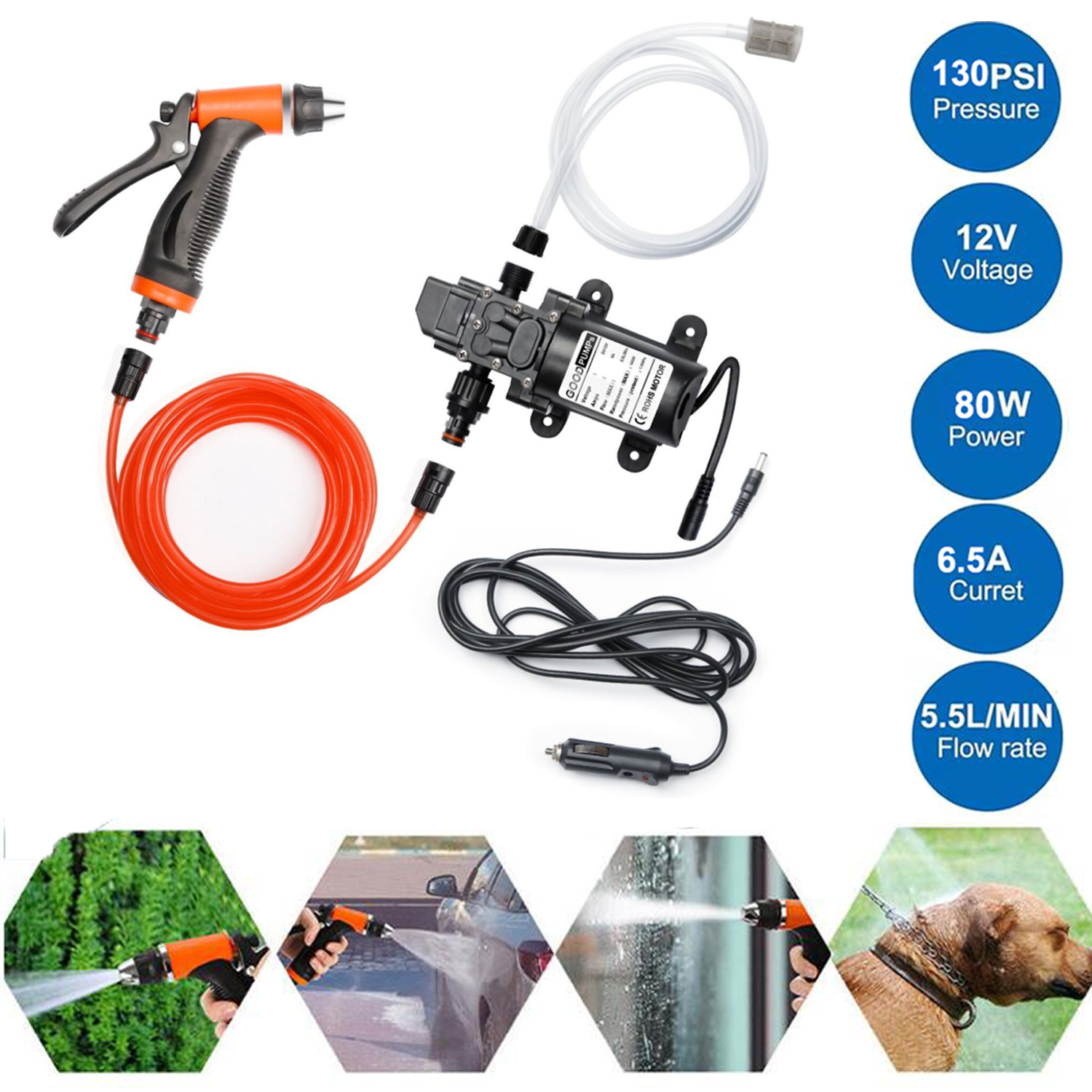 High Pressure Electric Car Washer Pump Wash 12V Clean Kit Portable 100W 130PSI
