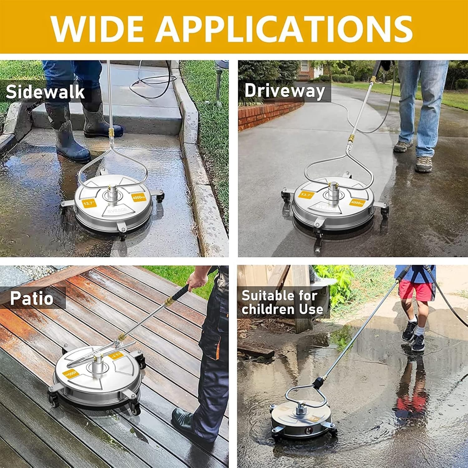 EP002 13.7″ Pressure Washer Surface Cleaner 4000PSI for Driveway/Sidewalk