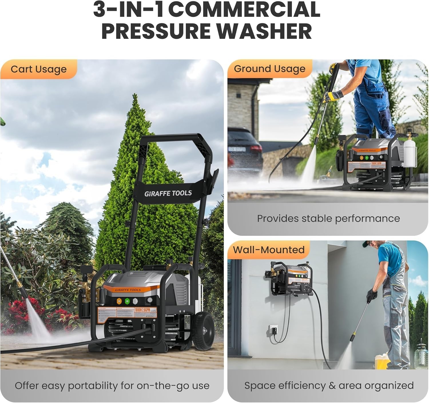 Giraffe Tools Max 2.6 GPM Electric Pressure Power Washer Retractable Hose, 65dB