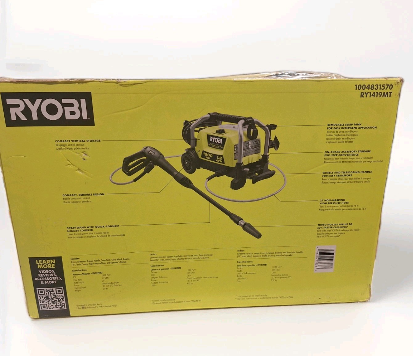 ​Ryobi 1900 PSI 1.2 GPM Electric Pressure Washer (RY1419MT) – Open Box, Unused!