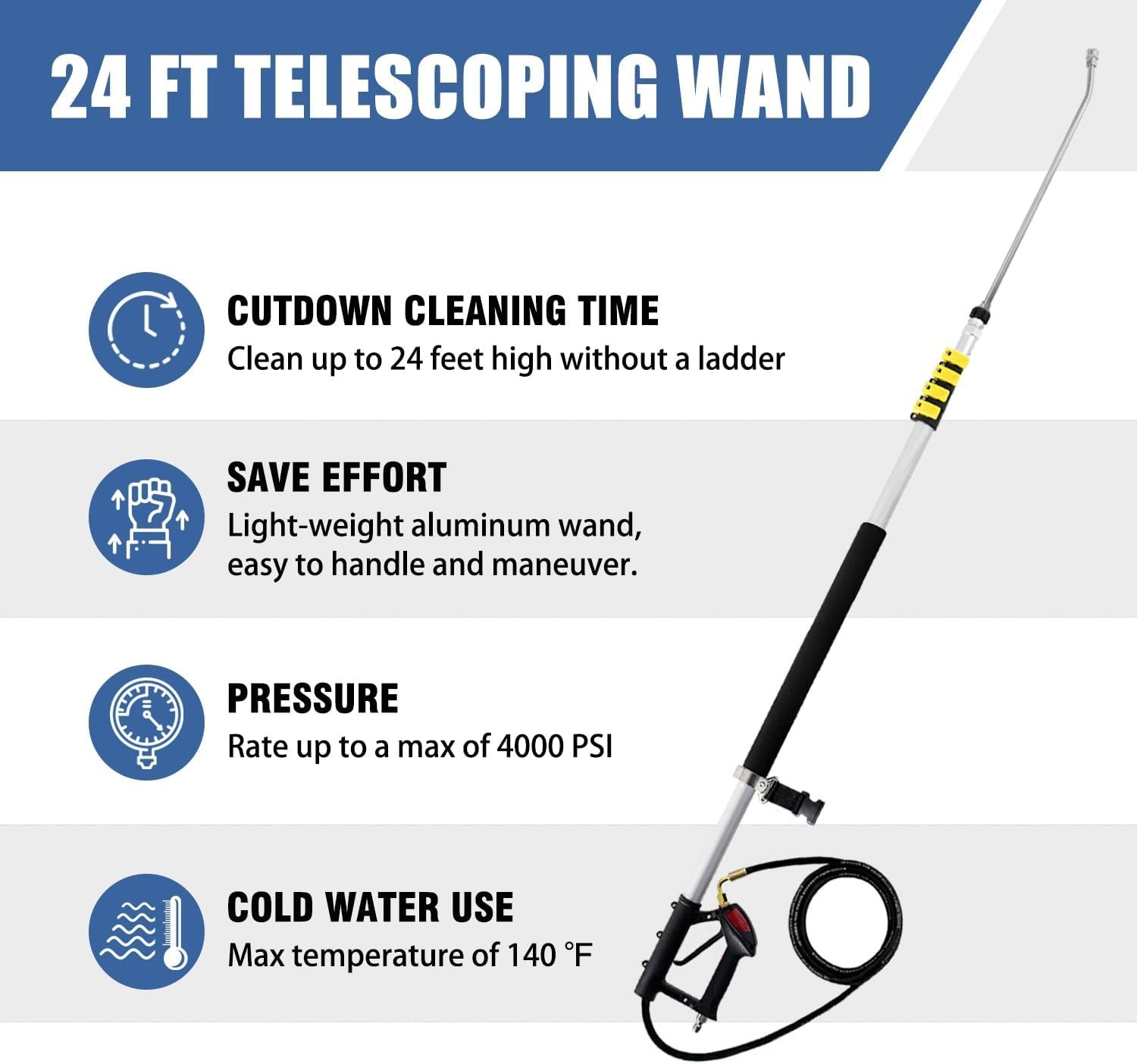24 Feet Aluminum Pressure Washer Extension Wand with Gutter Cleaner Attachment