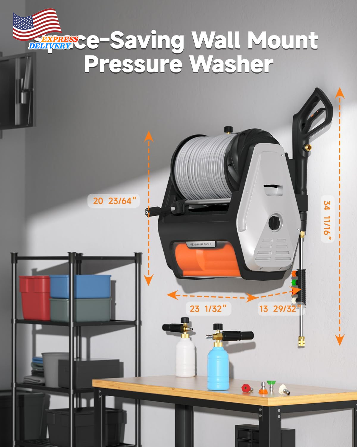 Wall Mount Pressure Washer PRO with Max 3700PSI 1.6 GPM 1800W Brushless Motor