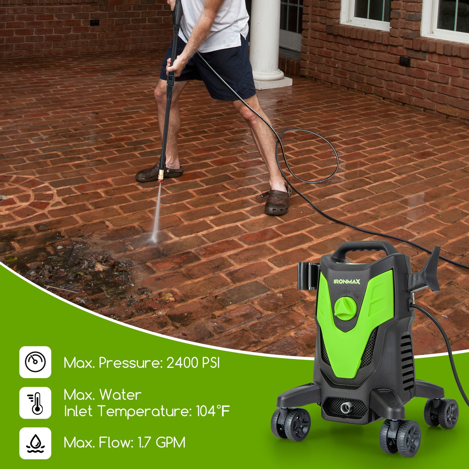 3 Self-Priming Ways Electric Pressure Washer w/ 4 Universal Wheels, 4 Nozzles