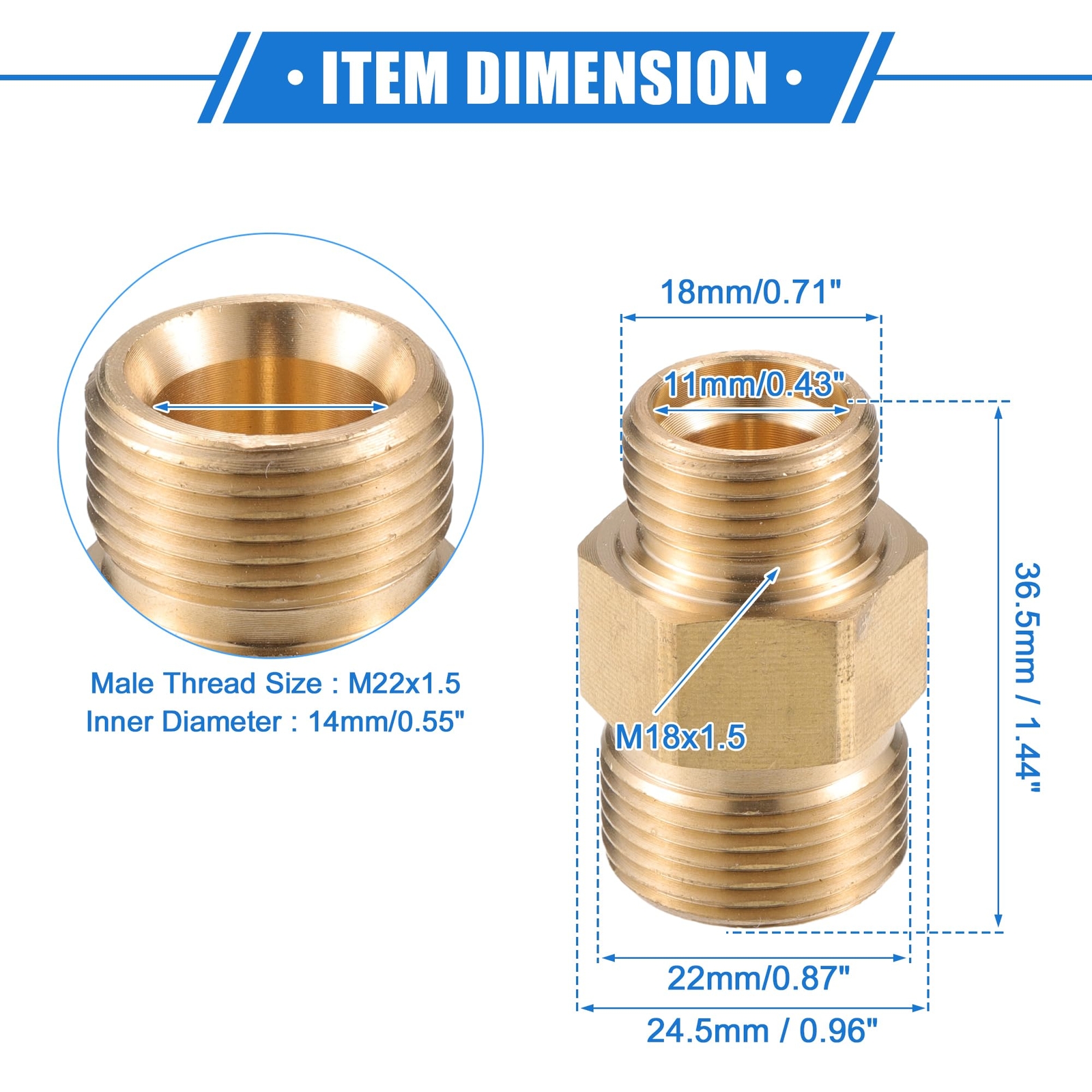 Pressure Washer Connector M18x1.5 to M22x1.5 Male Adapter Brass Screw Hose Co…