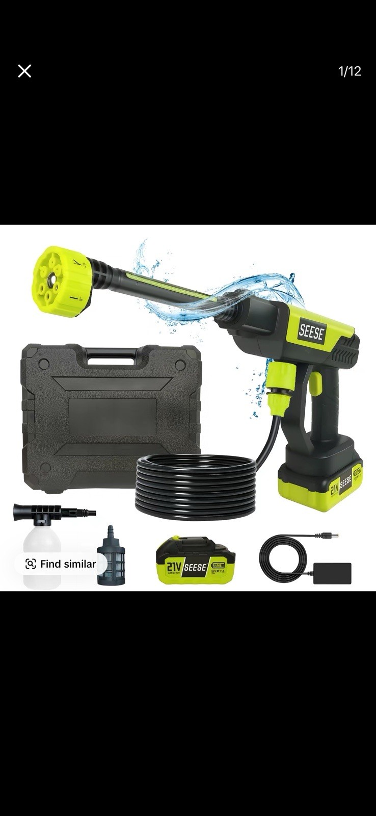 SEESE 21V Cordless Portable Pressure Washer 1000 PSI Water Gun Kit Battery
