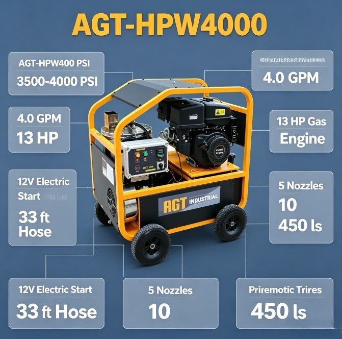 AGT Hot Water High Pressure Washer 4.0GPM 13‑HP For Farm & Fleet‑Cleaning