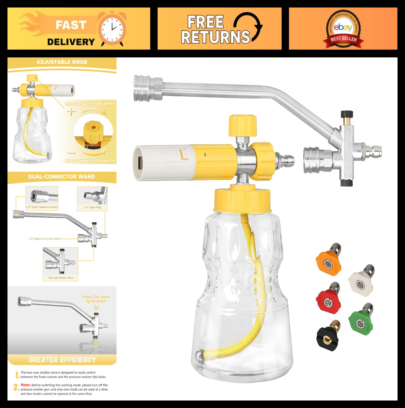 Foam Cannon for Pressure Washer – Dual Connector, M22 & 1/4″ Quick Connect, 5 Ti