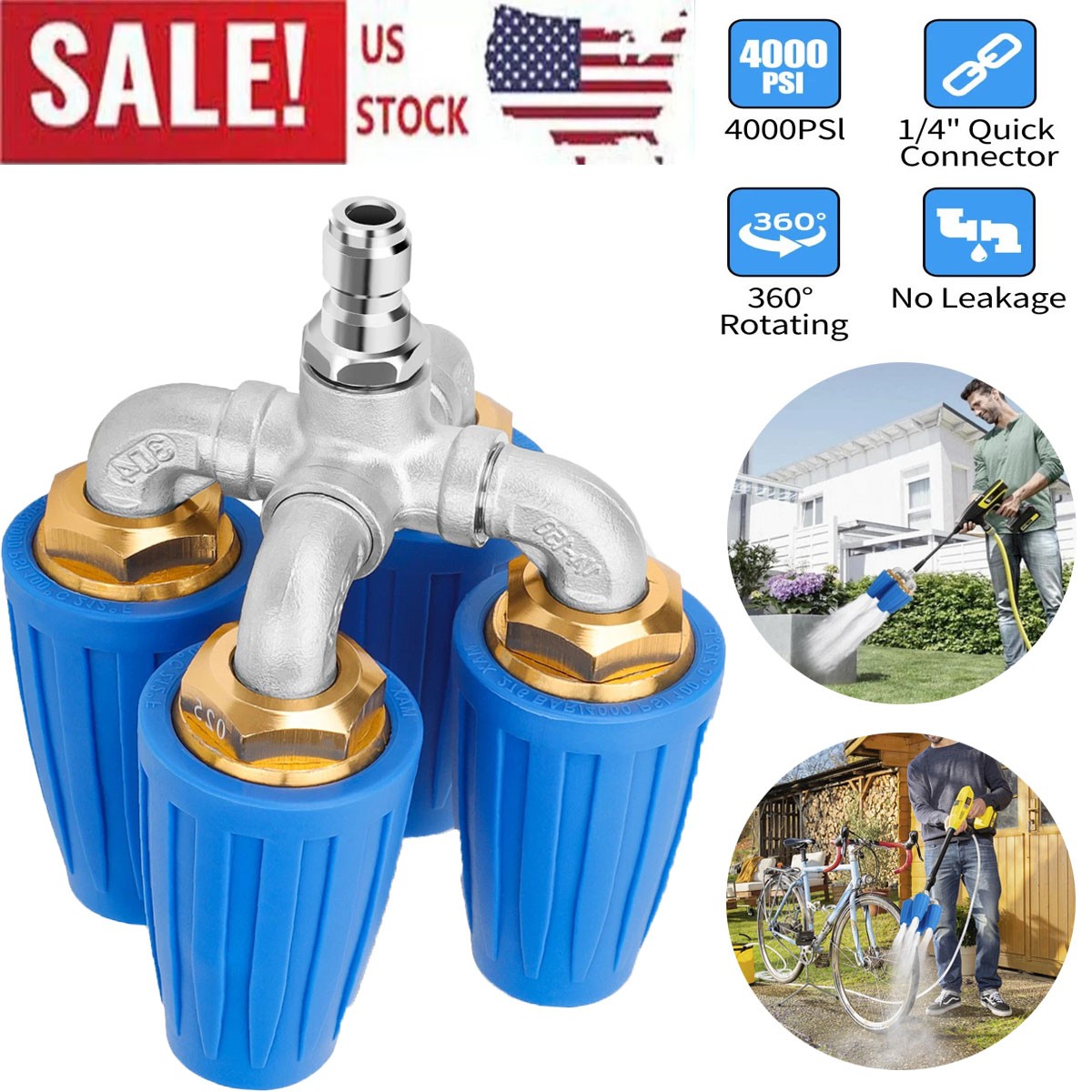 360° Rotating Pressure Washer Four Turbo Nozzle 1/4″ Quick Connector 2.5 Orifice