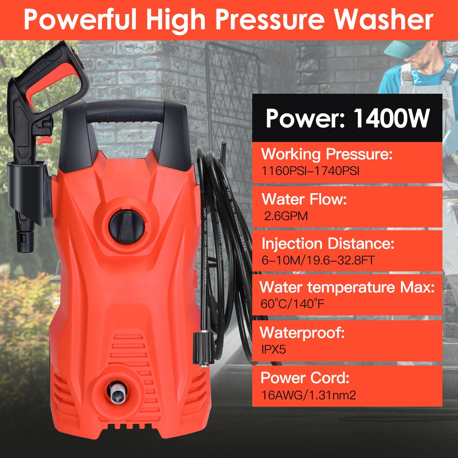 1Pc Electric High Pressure Washer 1740PSI Powerful Car Washer Pressure Cleaner