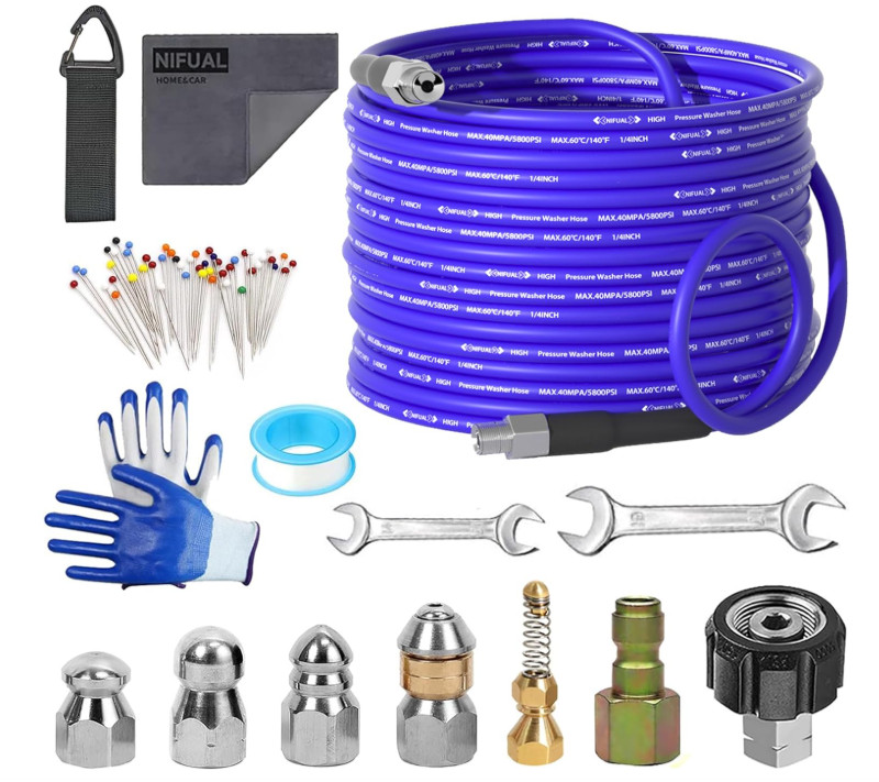 Kit Limpieza Tuberías 100FT 5800PSI para Hidrolavadora con Boquillas y Manguera.