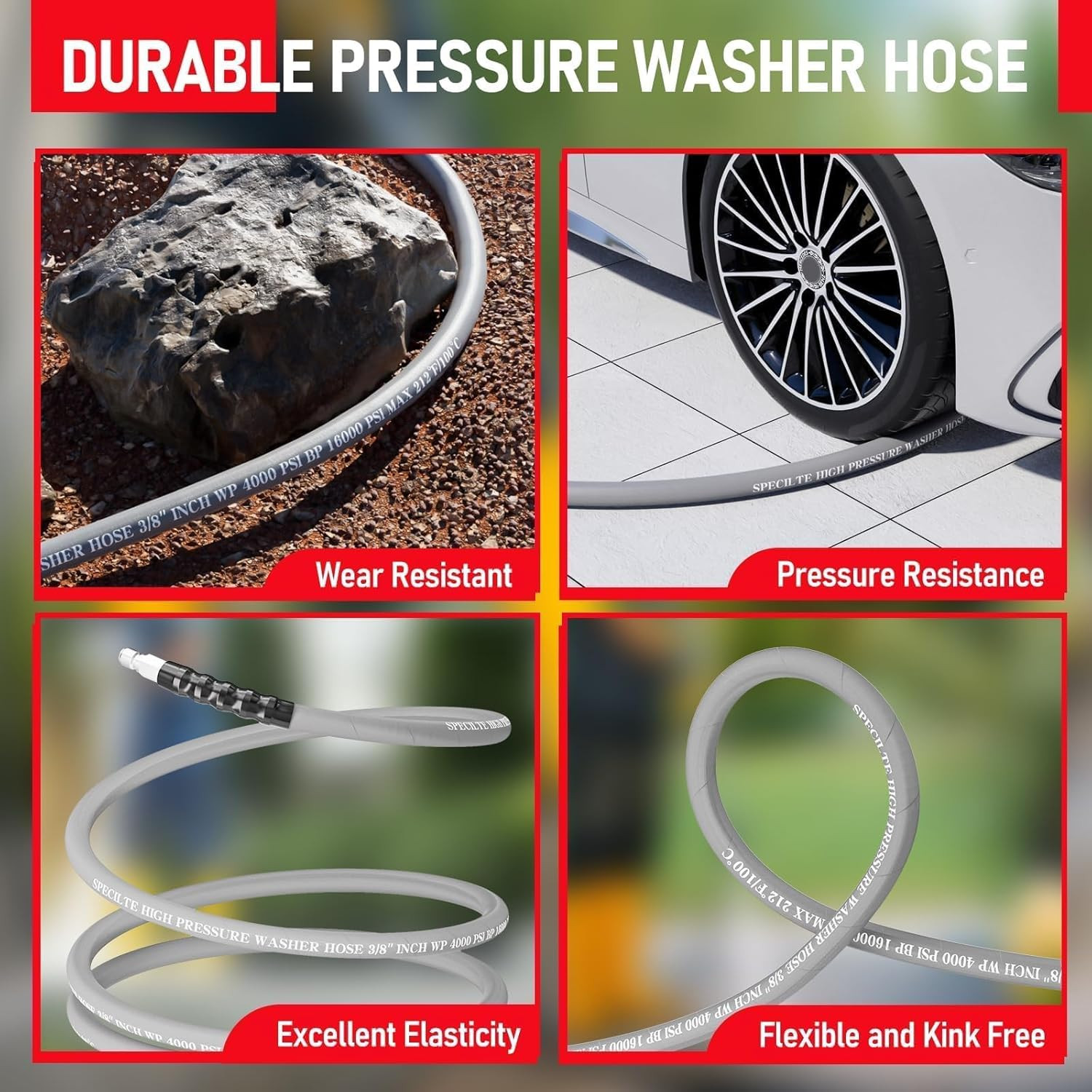 50FT 3/8″ Pressure Washer Hose, 4000 PSI, Kink Resistant, Hot/Cold Water