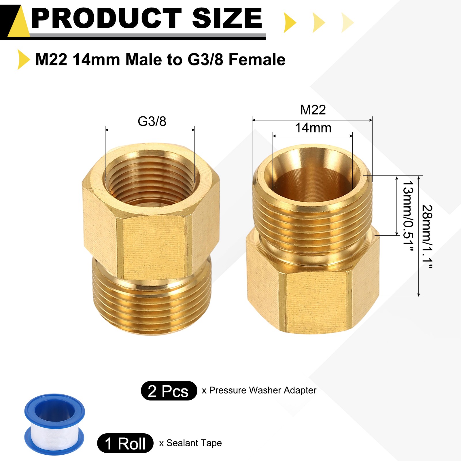 2Pcs Pressure Washer Adapter with Tape,M22 14mm Male to G3/8 Female Concave
