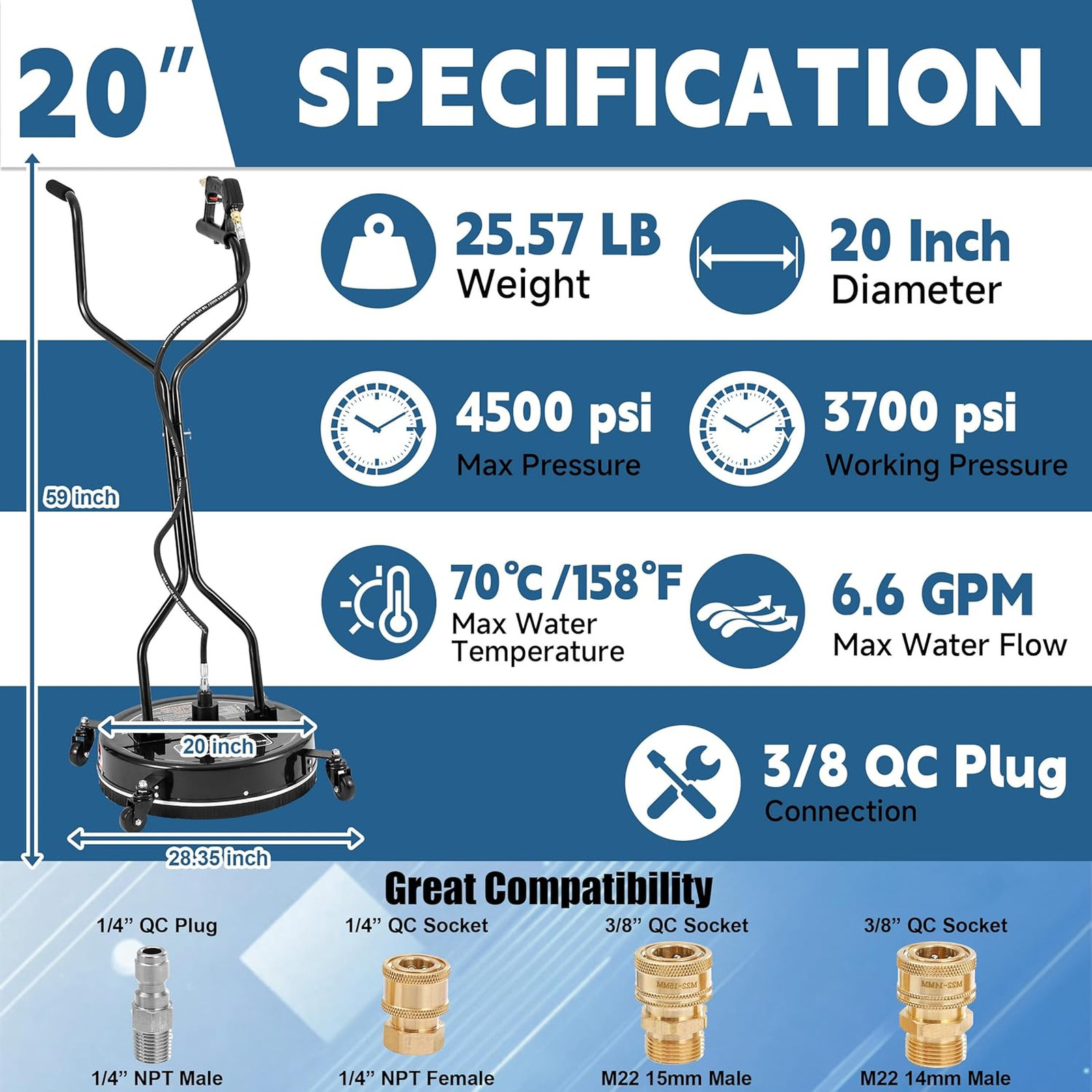 20 Inch Pressure Washer Surface Cleaner with Wheels Dual Handle 4500 PSI for