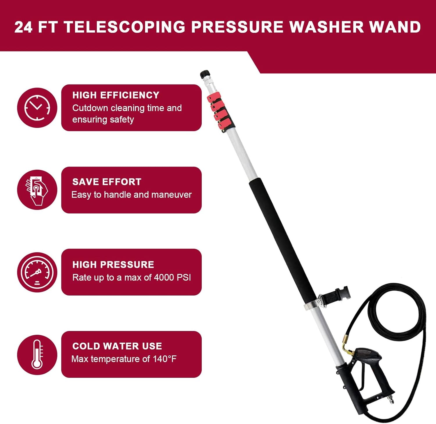 24 FT Telescoping Pressure Washer Wand with Pressure Washer Extension Wand,Brush