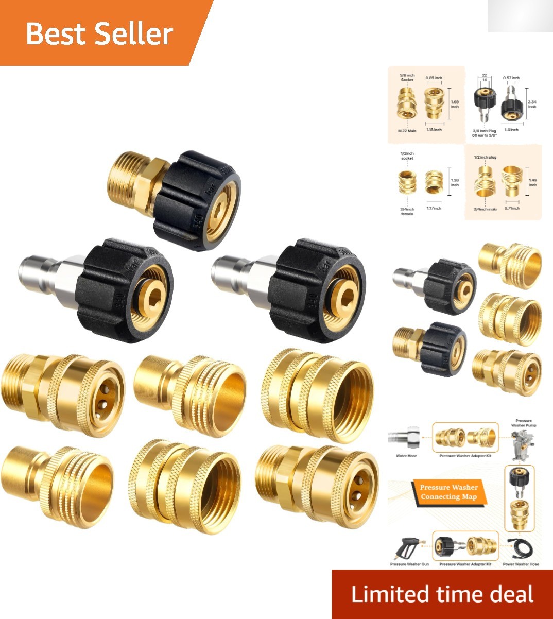 Durable Brass Pressure Washer Quick Connect Kit – 9 Sets for M22 14mm Fittings