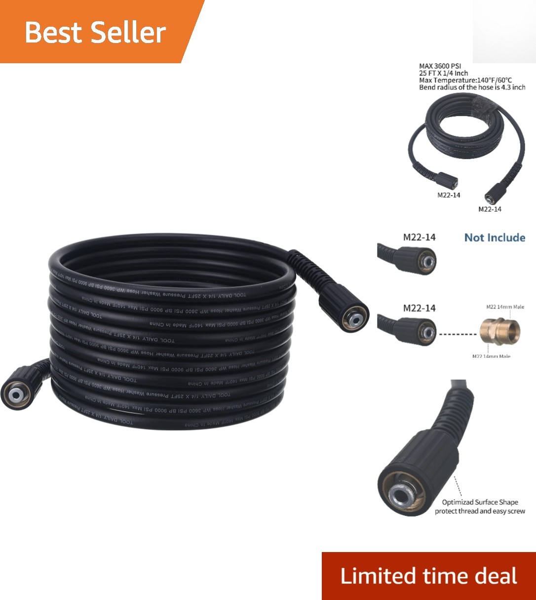 Durable 25 FT High Pressure Washer Hose, 3600 PSI M22 Thread, PVC Construction