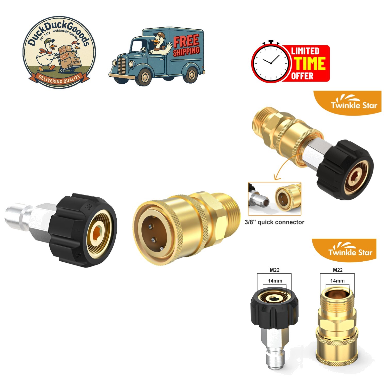 M22 14mm to 3/8 Inch Pressure Washer Adapter – High-Precision Brass