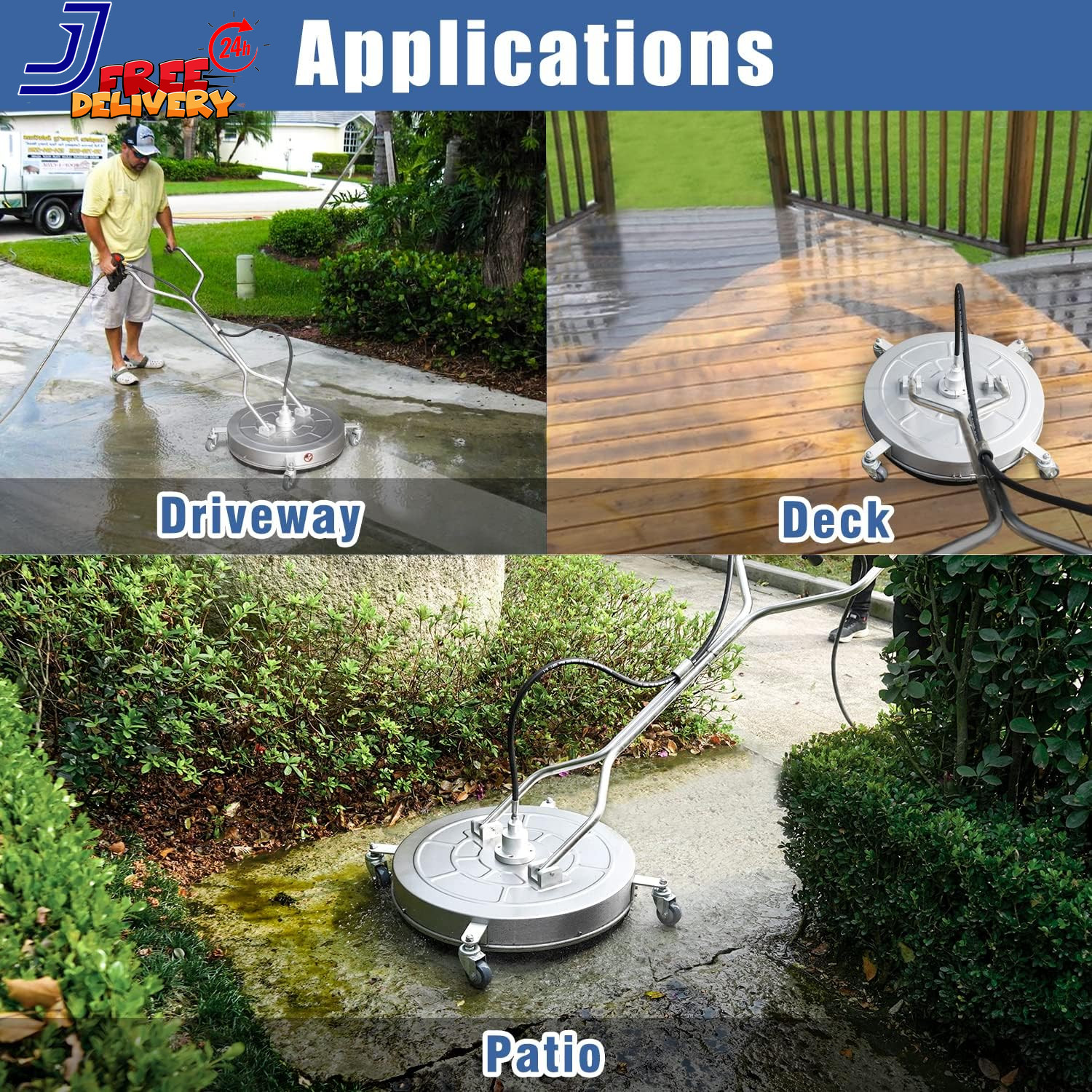 24” Pressure Washer Surface Cleaner with 4 Wheels Dual Handle Stainless Steel H
